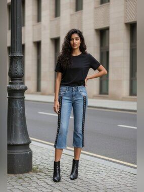 Hudson SZ 25 Low Rise Straight Leg Side Grommet Detail Capri Biker Jeans